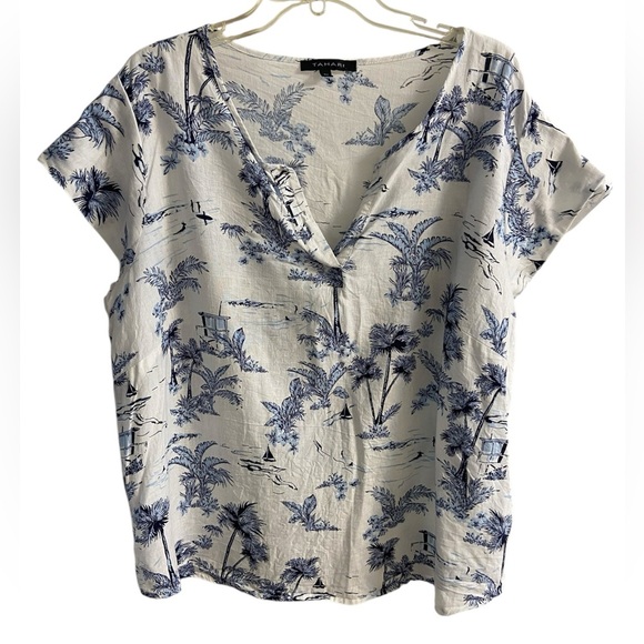 Tahari White Linen Blend Popover Blouse‎ Novelty Print 2X - Picture 1 of 7